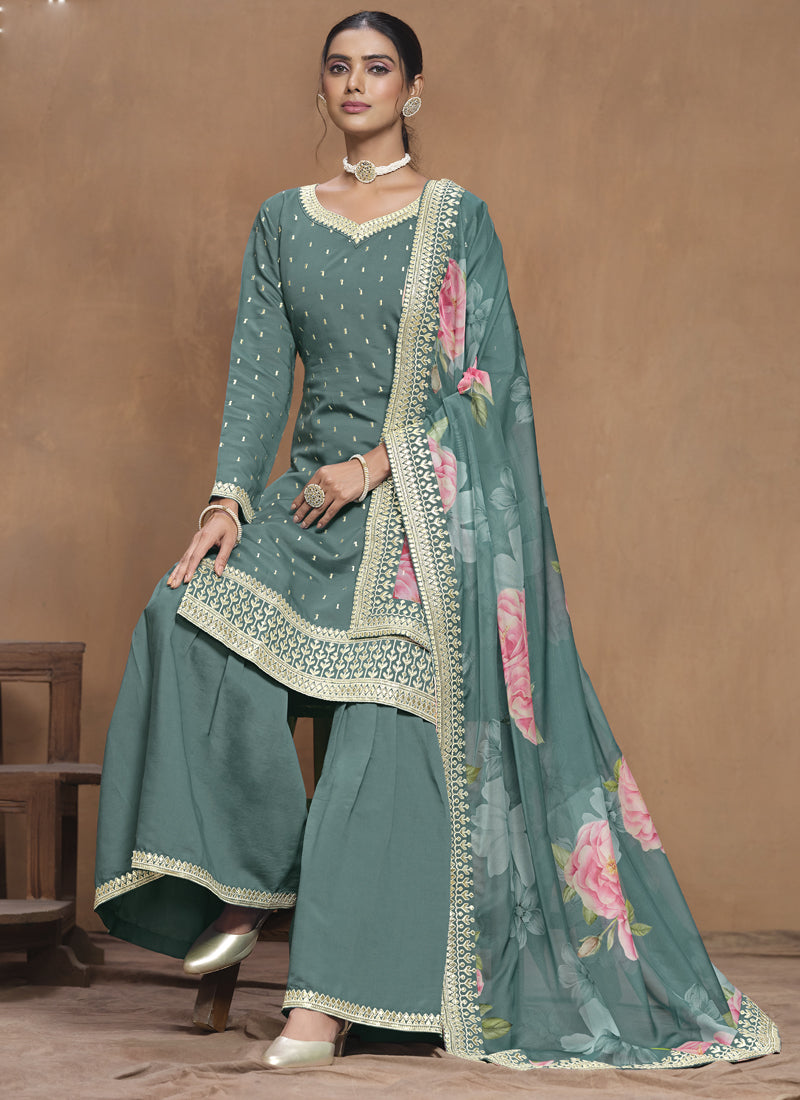 Vegaa Fashion Grey Roman Silk Embroidered Palazzo Suit
