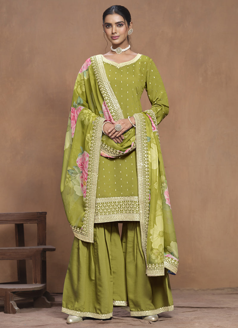 Vegaa Fashion Parrot Green Roman Silk Embroidered Palazzo Suit