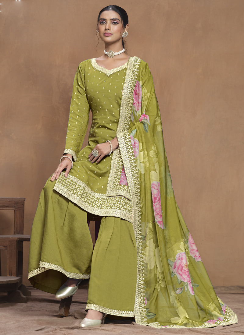 Vegaa Fashion Parrot Green Roman Silk Embroidered Palazzo Suit