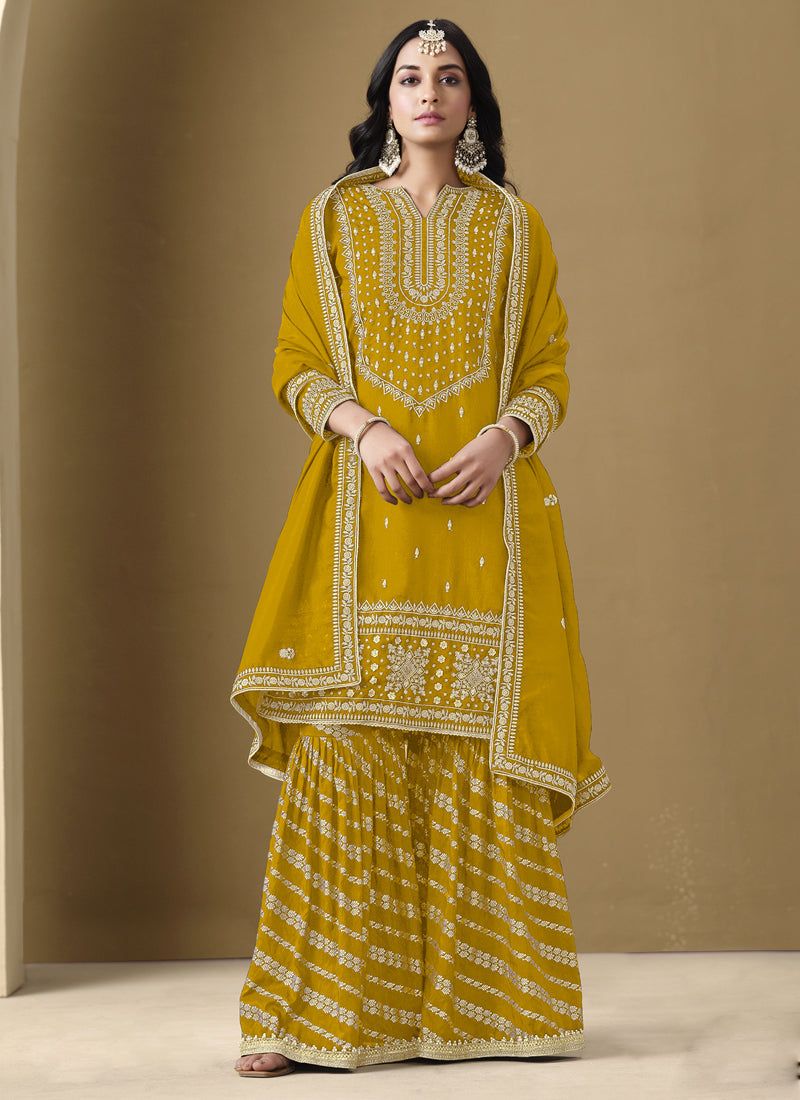 Vegaa Fashion Yellow Art Silk Embroidered Designer Palazzo Suit