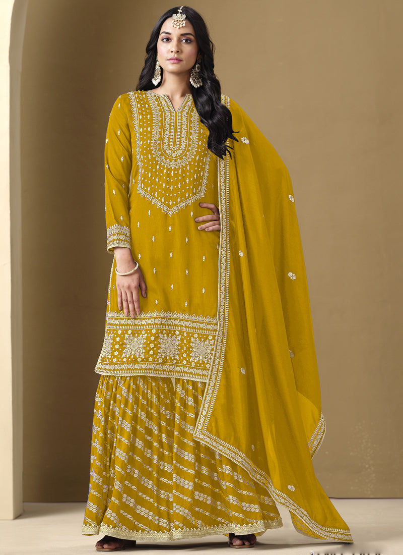 Vegaa Fashion Yellow Art Silk Embroidered Designer Palazzo Suit