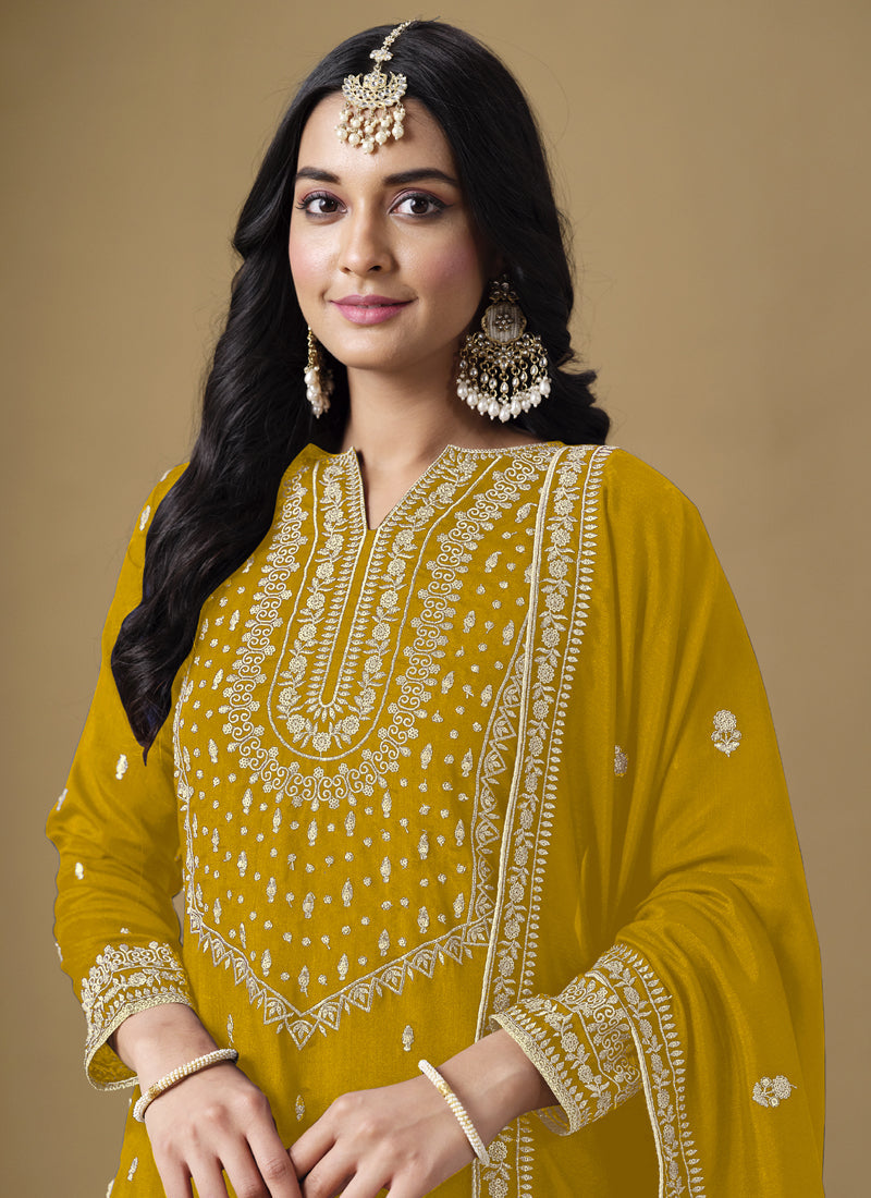 Vegaa Fashion Yellow Art Silk Embroidered Designer Palazzo Suit