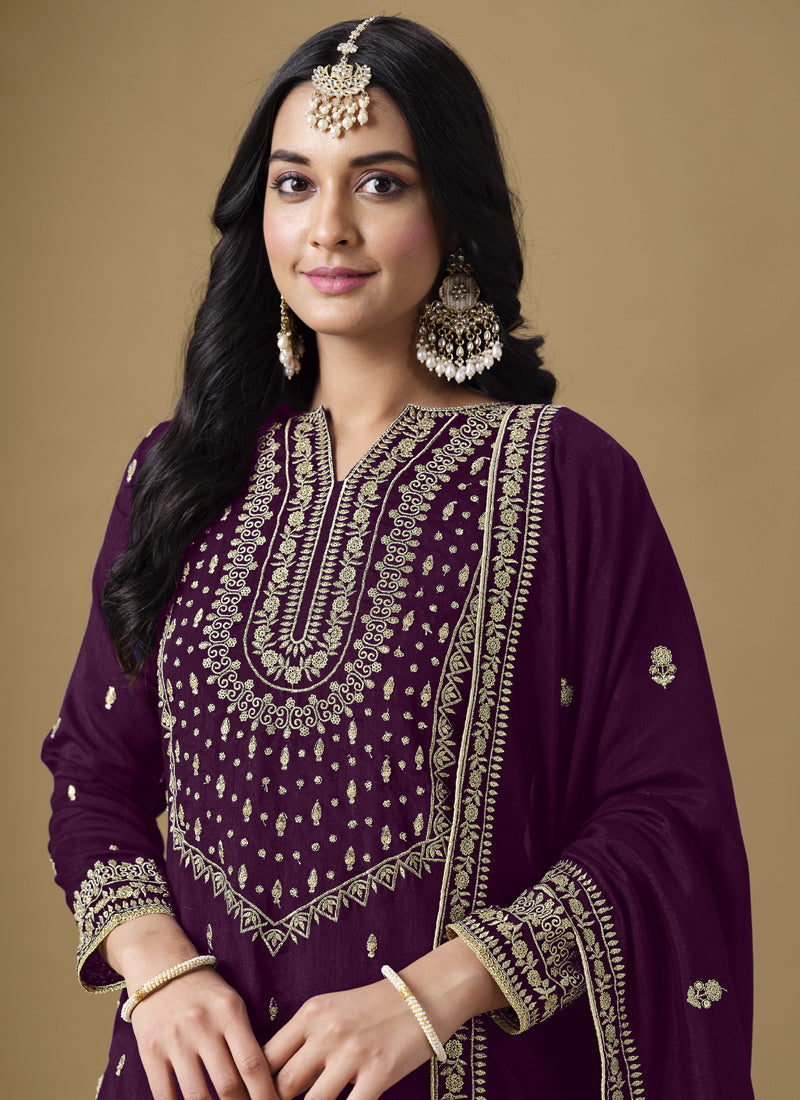 Vegaa Fashion Wine Art Silk Embroidered Designer Palazzo Suit