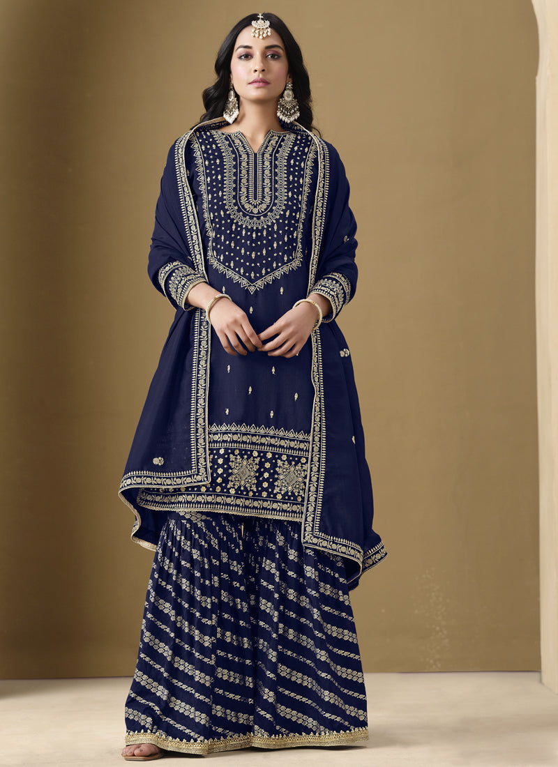 Vegaa Fashion Navy Blue Art Silk Embroidered Designer Palazzo Suit