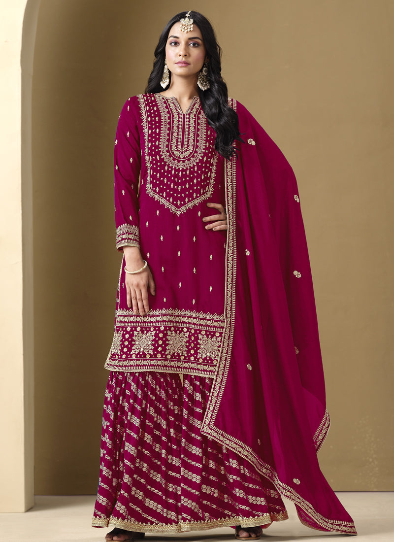 Vegaa Fashion Rani Pink Art Silk Embroidered Designer Palazzo Suit