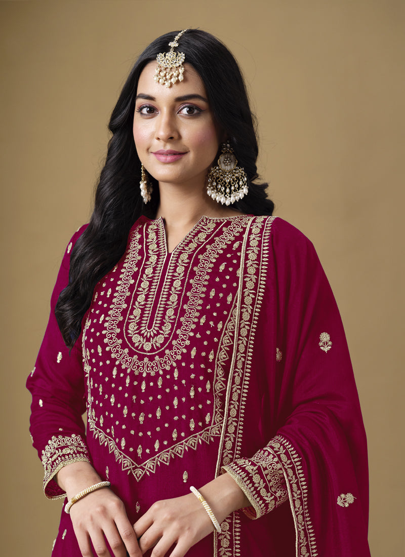 Vegaa Fashion Rani Pink Art Silk Embroidered Designer Palazzo Suit