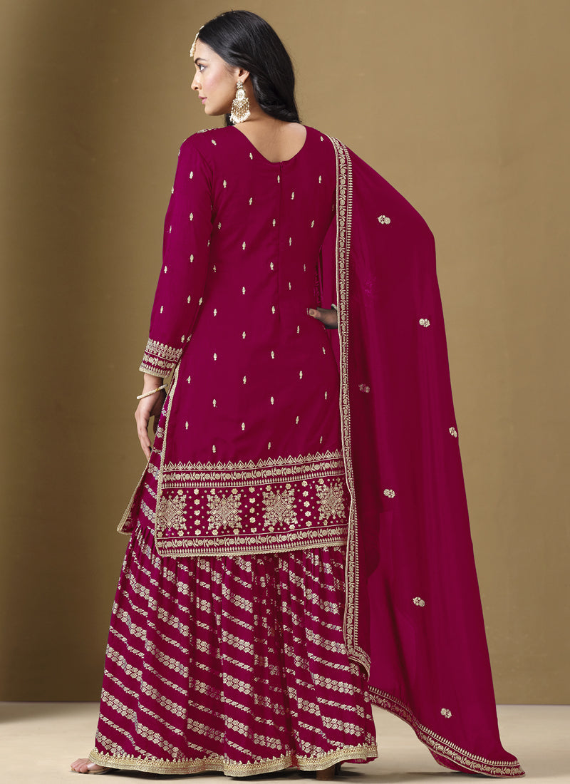 Vegaa Fashion Rani Pink Art Silk Embroidered Designer Palazzo Suit