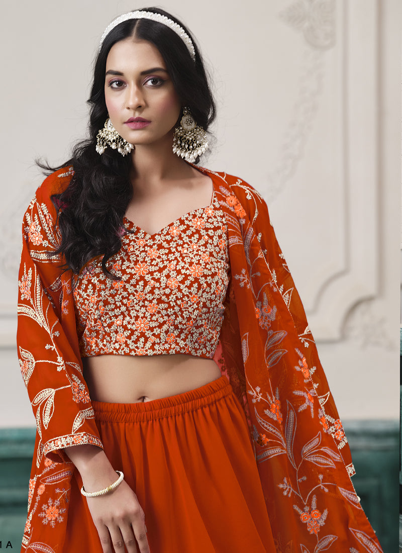 Vegaa Fashion Orange Faux Georgette Embroidered Western Sharara Suit