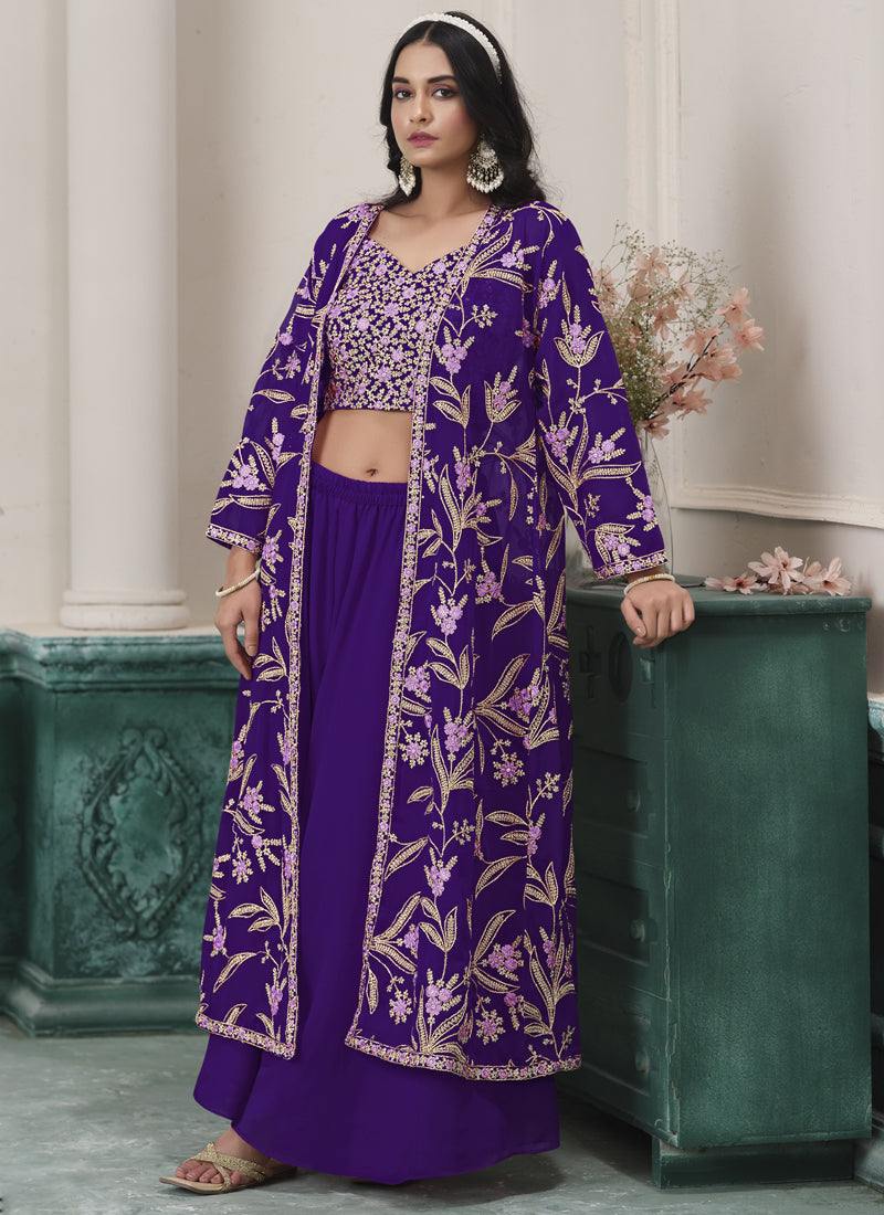 Vegaa Fashion Violet Faux Georgette Embroidered Western Sharara Suit