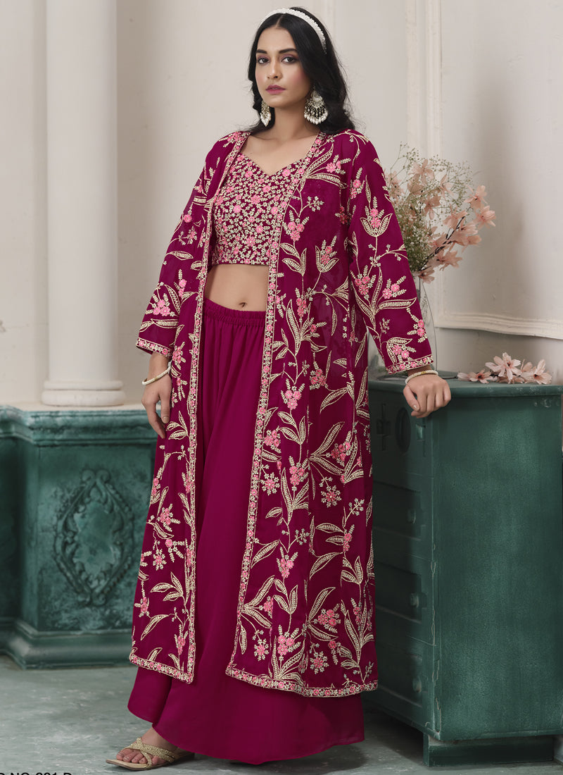 Vegaa Fashion Wine Faux Georgette Embroidered Western Sharara Suit