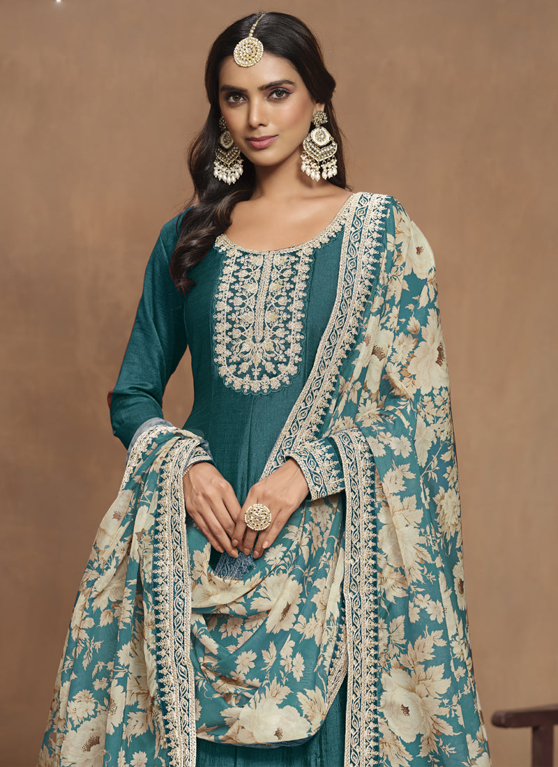 Vegaa Fashion Turquoise Art Silk Embroidered Anarkali Suit