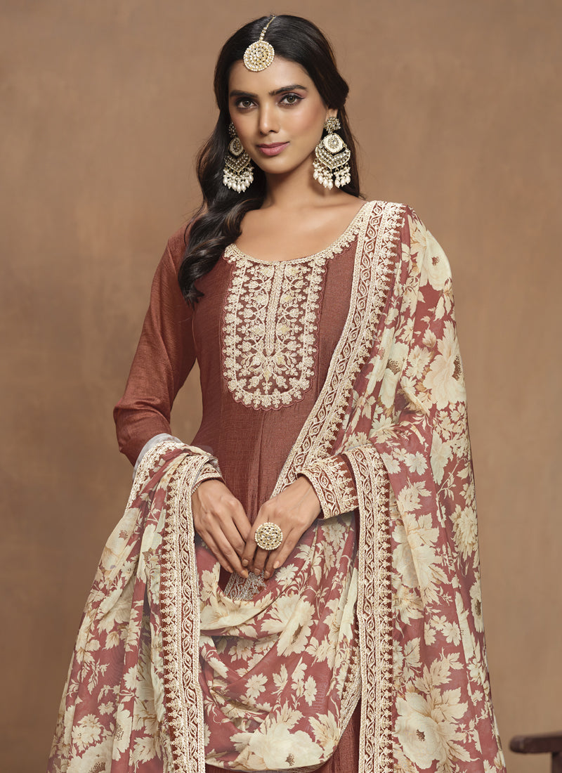 Vegaa Fashion Brown Art Silk Embroidered Anarkali Suit
