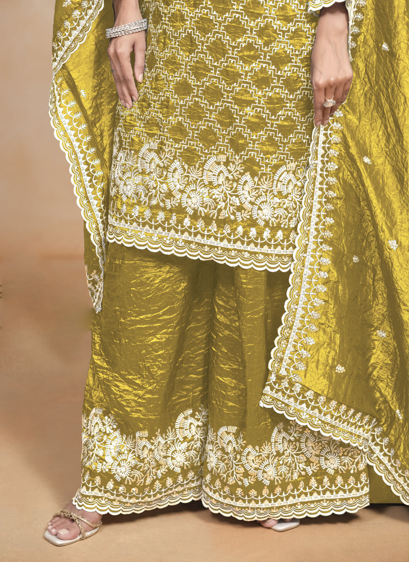 Vegaa Fashion Yellow Silk Embroidered Designer Palazzo Suit