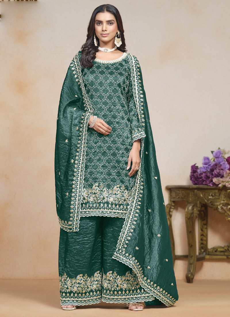 Vegaa Fashion Teal Green Silk Embroidered Designer Palazzo Suit