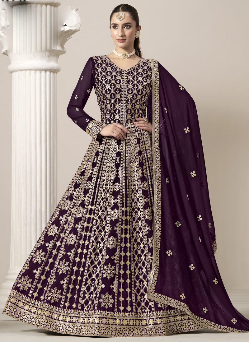 Vegaa Fashion Wine Faux Georgette Embroidered Anarkali Suit