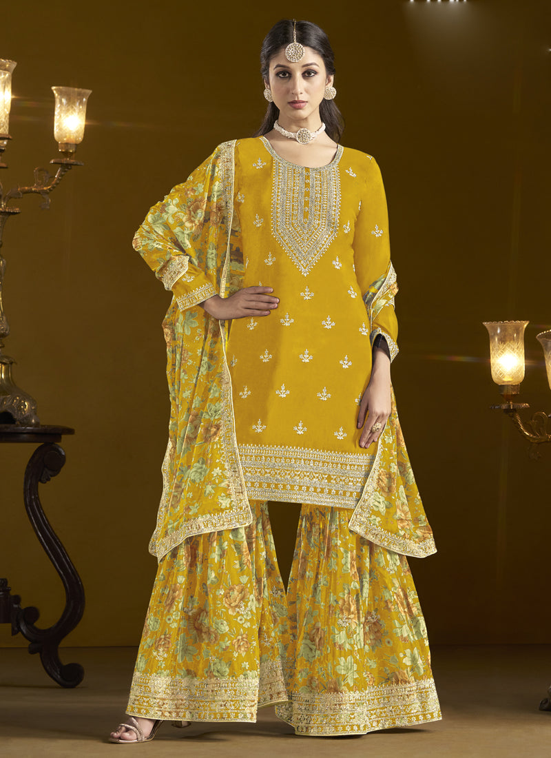 Vegaa Fashion Yellow Chinon Silk Embroidered Palazzo Suit