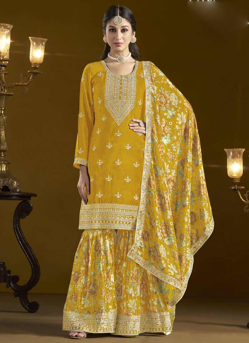 Vegaa Fashion Yellow Chinon Silk Embroidered Palazzo Suit