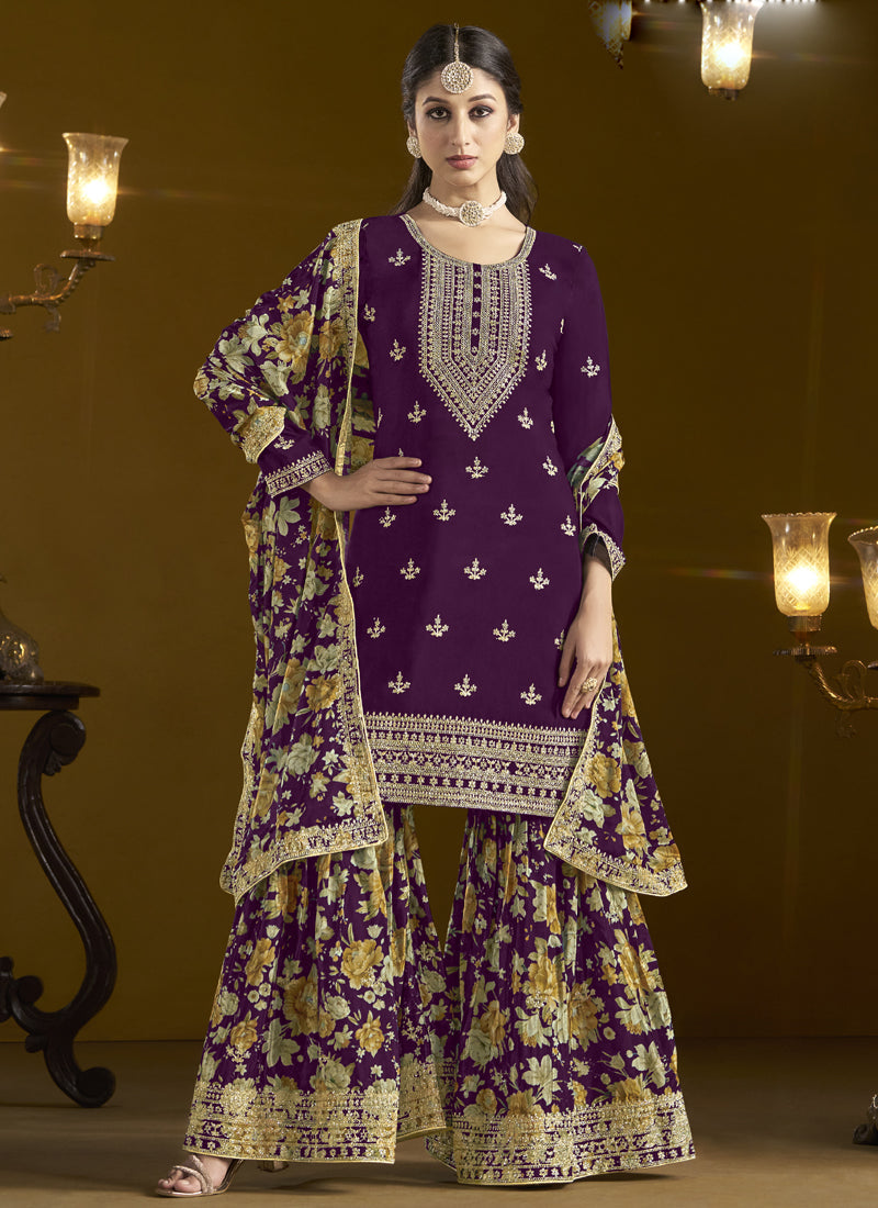 Vegaa Fashion Wine Chinon Silk Embroidered Palazzo Suit