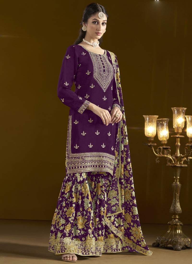 Vegaa Fashion Wine Chinon Silk Embroidered Palazzo Suit