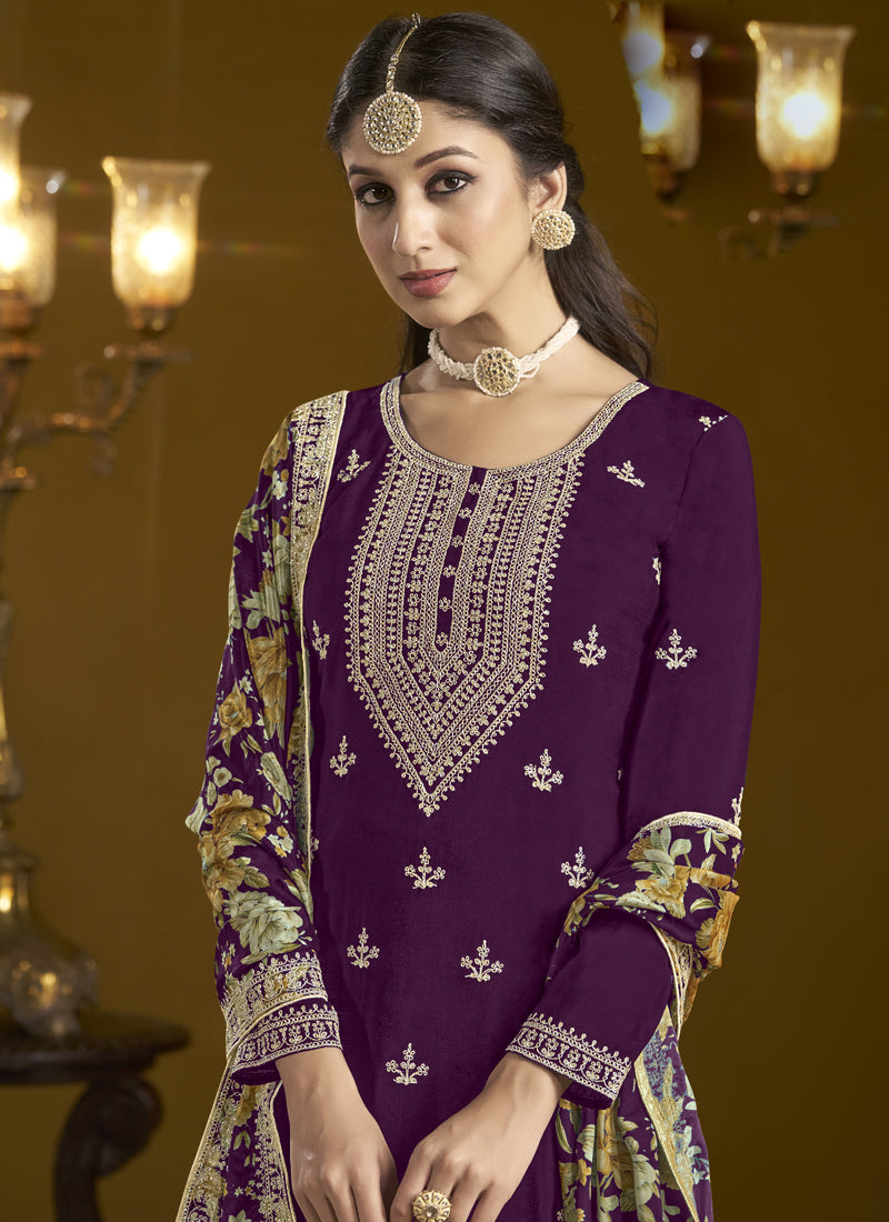 Vegaa Fashion Wine Chinon Silk Embroidered Palazzo Suit