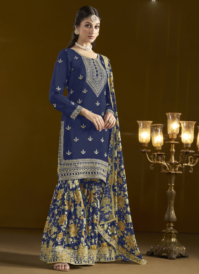 Vegaa Fashion Navy Blue Chinon Silk Embroidered Palazzo Suit
