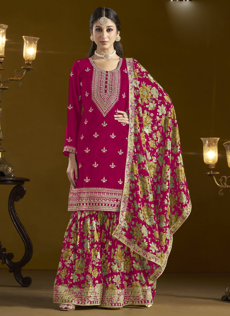 Vegaa Fashion Rani Pink Chinon Silk Embroidered Palazzo Suit