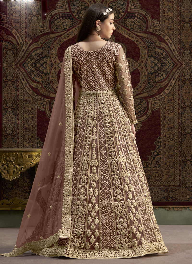 Vegaa Fashion Light Brown Net Embroidered Anarkali Suit