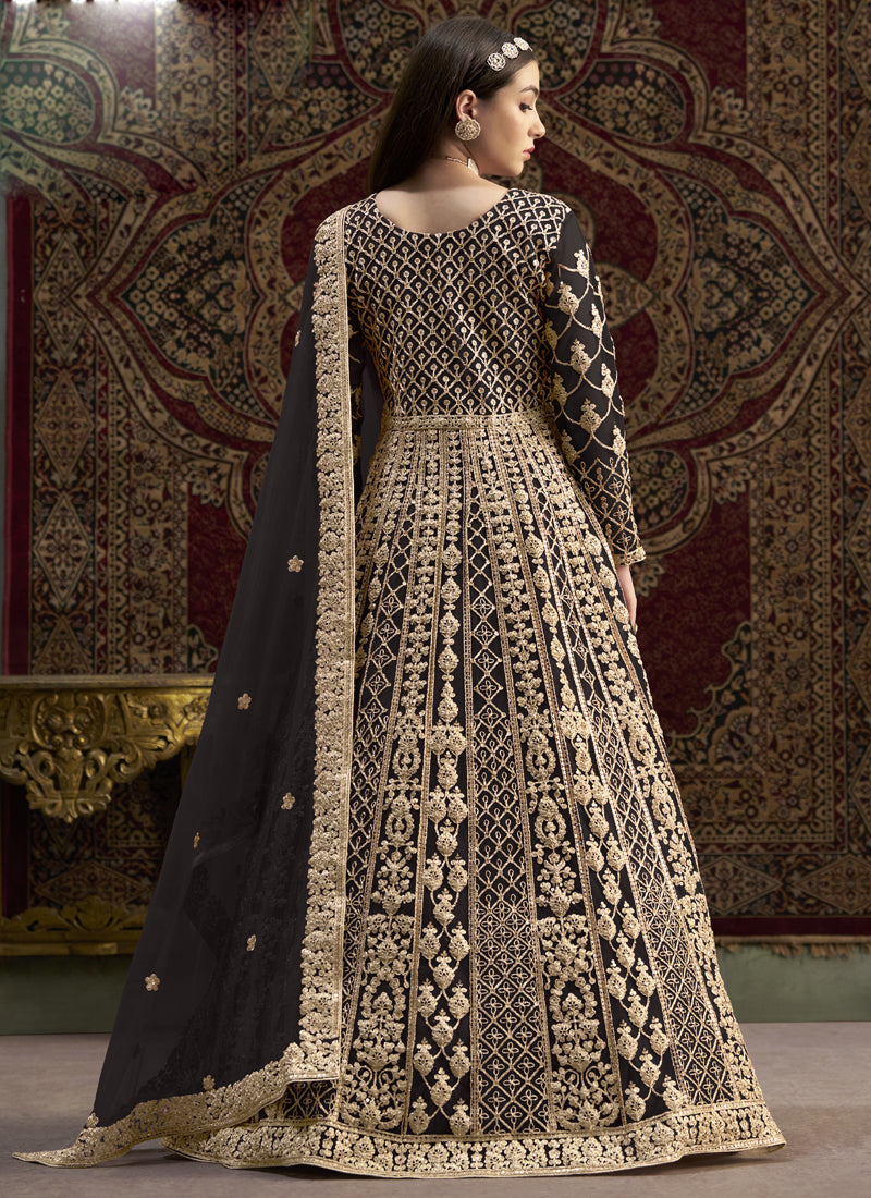 Vegaa Fashion Dark Brown Net Embroidered Anarkali Suit