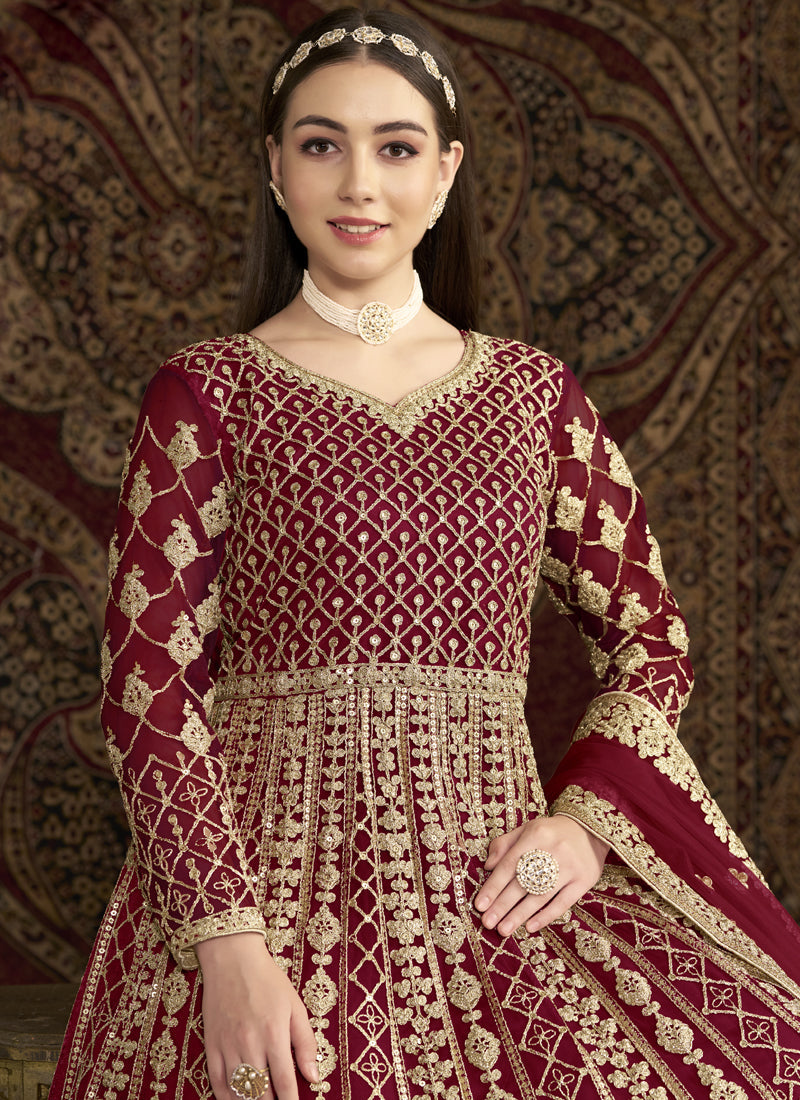 Vegaa Fashion Maroon Net Embroidered Anarkali Suit