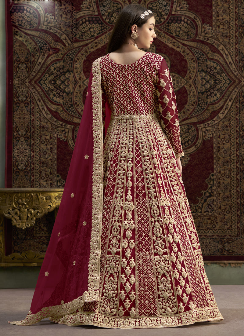 Vegaa Fashion Maroon Net Embroidered Anarkali Suit