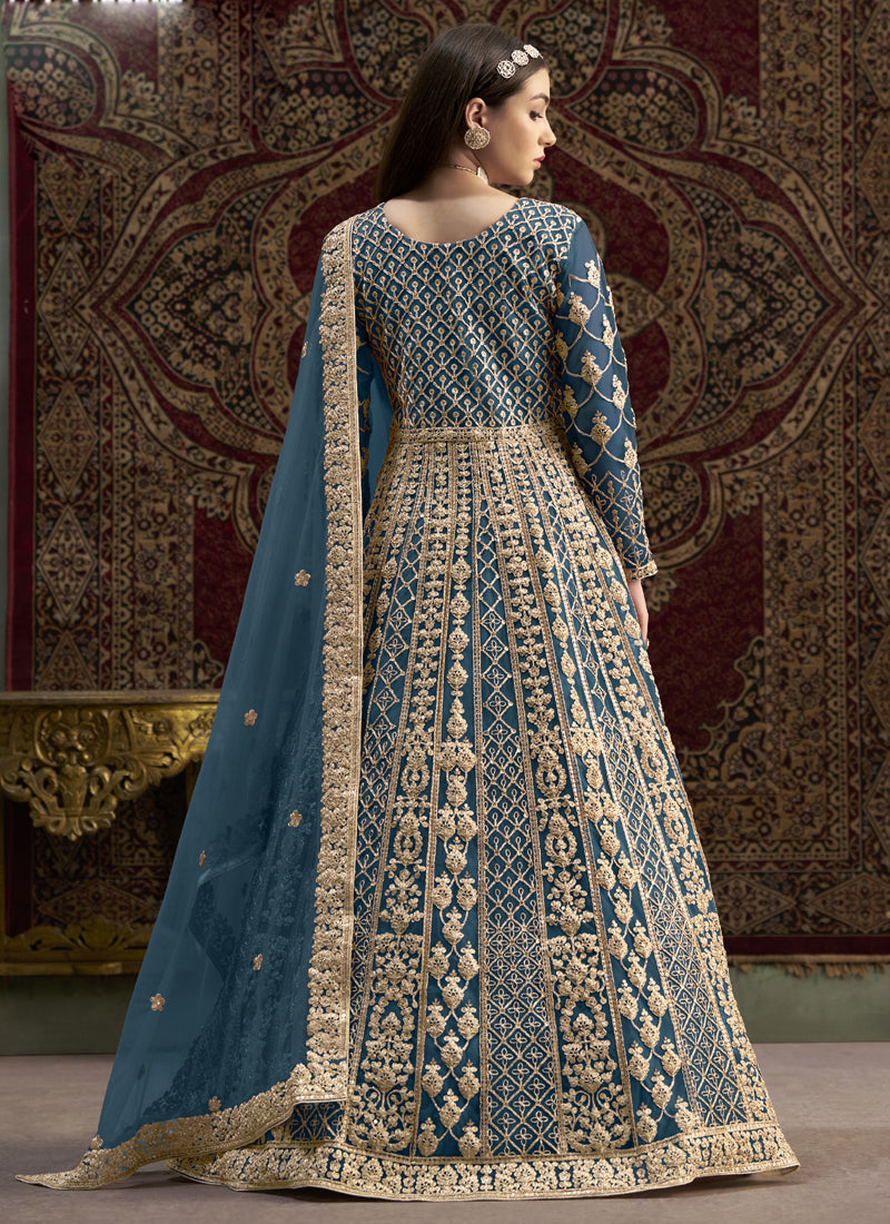 Vegaa Fashion Aqua Blue Net Embroidered Anarkali Suit