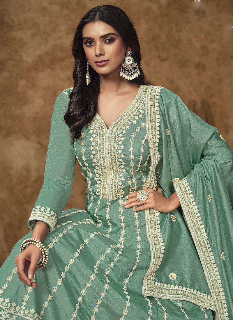 Vegaa Fashion Sea Green Dola Silk Embroidered Anarkali Suit