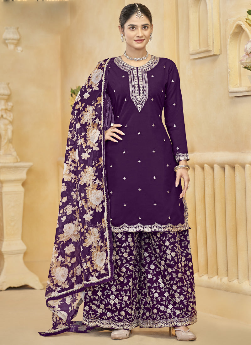 Vegaa Fashion Violet Roman Silk Embroidered Palazzo Suit