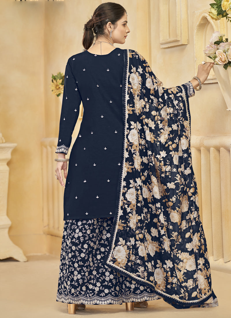 Vegaa Fashion Navy Blue Roman Silk Embroidered Palazzo Suit