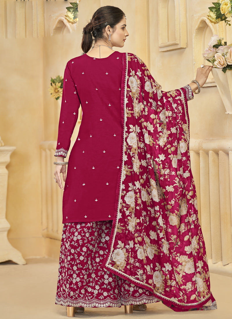 Vegaa Fashion Rani Pink Roman Silk Embroidered Palazzo Suit