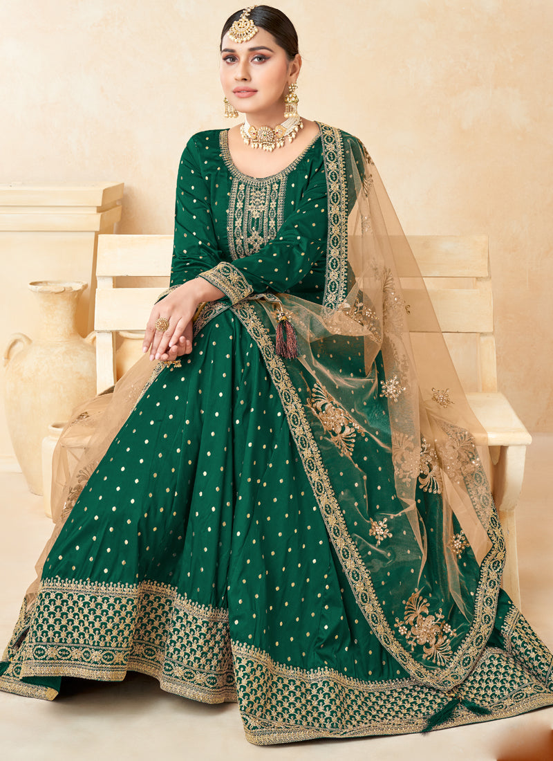 Vegaa Fashion Designer Green Tafeta Silk Embroidery Anarkali Suit
