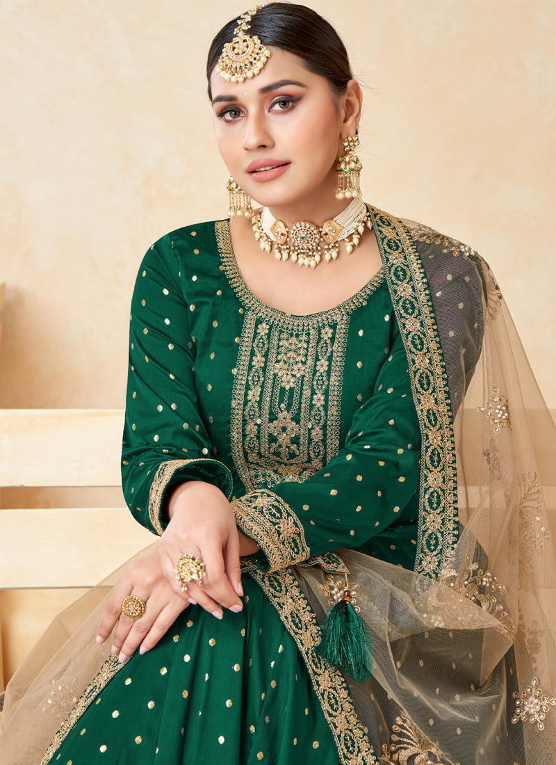 Vegaa Fashion Designer Green Tafeta Silk Embroidery Anarkali Suit