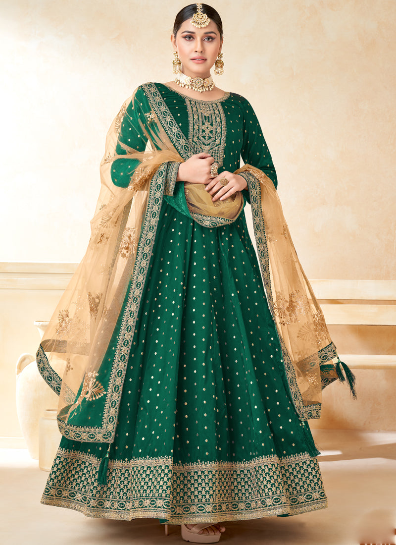 Vegaa Fashion Designer Green Tafeta Silk Embroidery Anarkali Suit