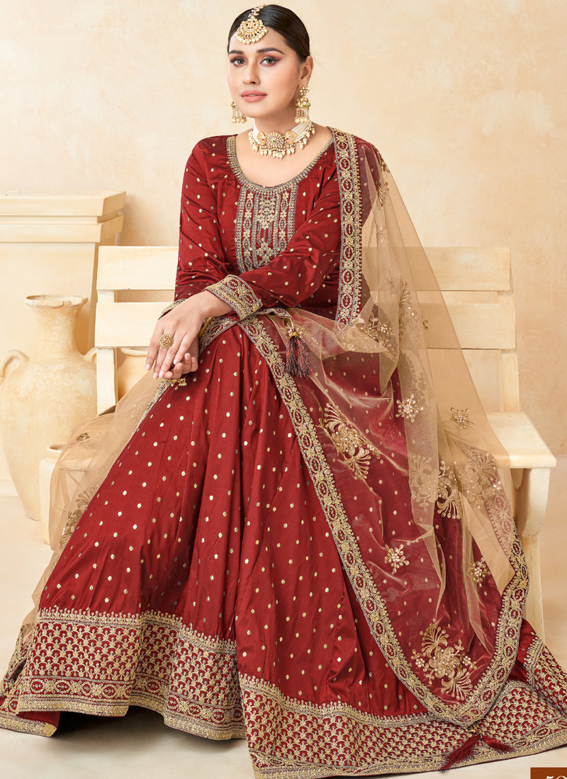 Vegaa Fashion Designer Red Tafeta Silk Embroidery Anarkali Suit