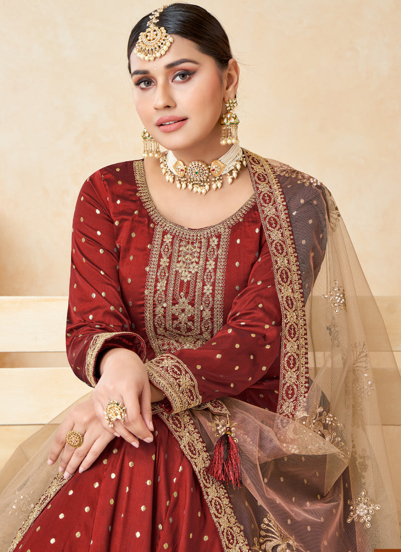 Vegaa Fashion Designer Red Tafeta Silk Embroidery Anarkali Suit