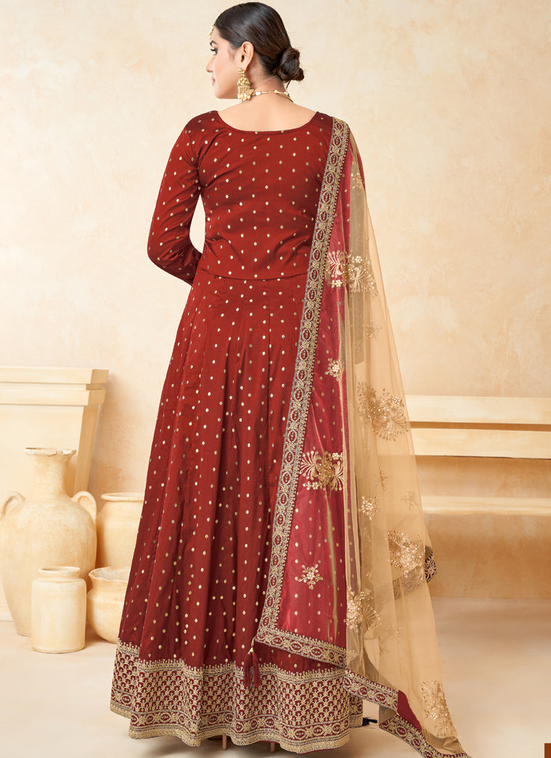 Vegaa Fashion Designer Red Tafeta Silk Embroidery Anarkali Suit