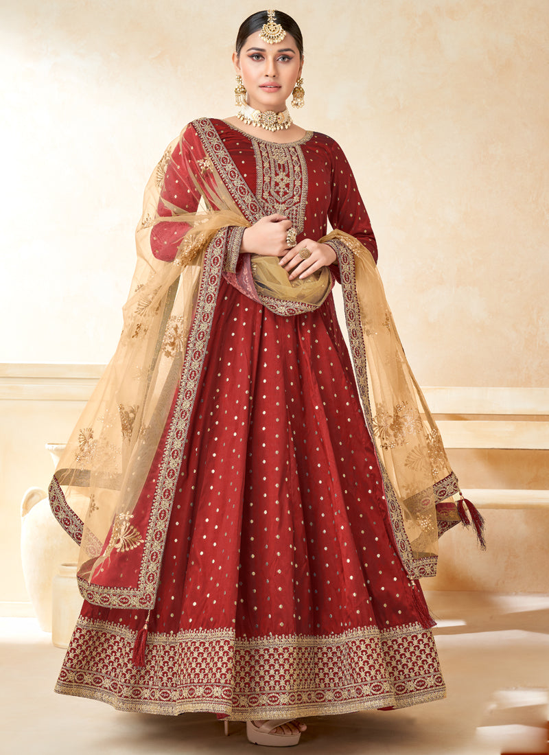Vegaa Fashion Designer Red Tafeta Silk Embroidery Anarkali Suit