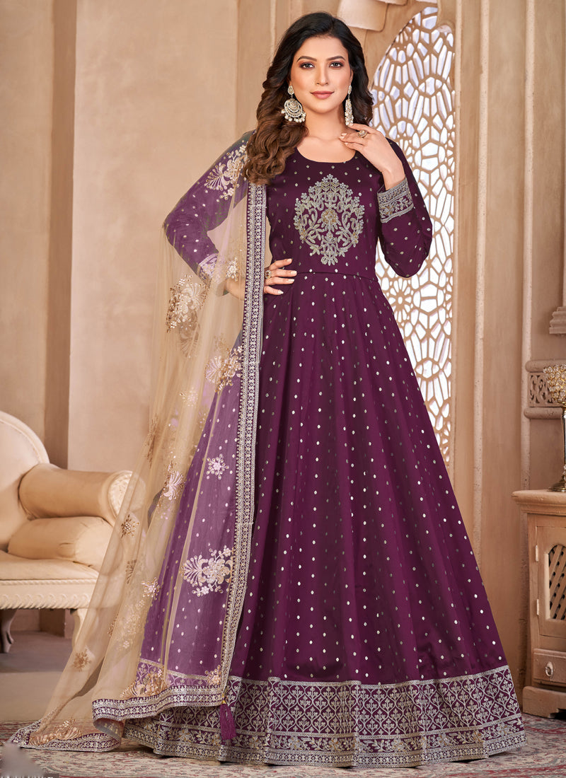 Vegaa Fashion Designer Viiolet Tafeta Silk Embroidery Anarkali Suit