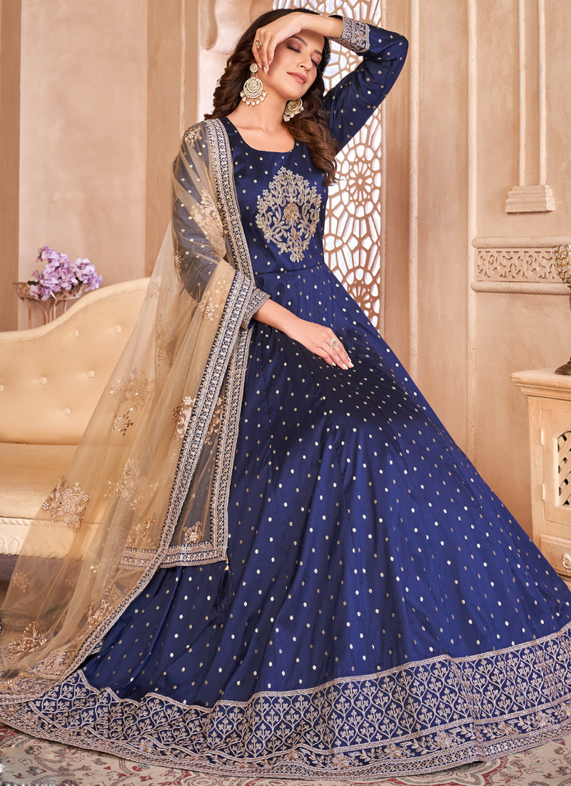 Vegaa Fashion Designer Navy Blue Tafeta Silk Embroidery Anarkali Suit