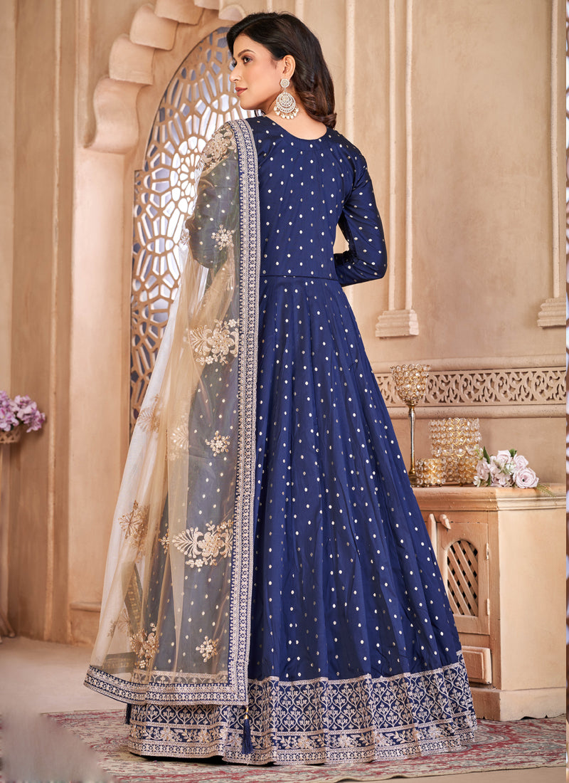 Vegaa Fashion Designer Navy Blue Tafeta Silk Embroidery Anarkali Suit