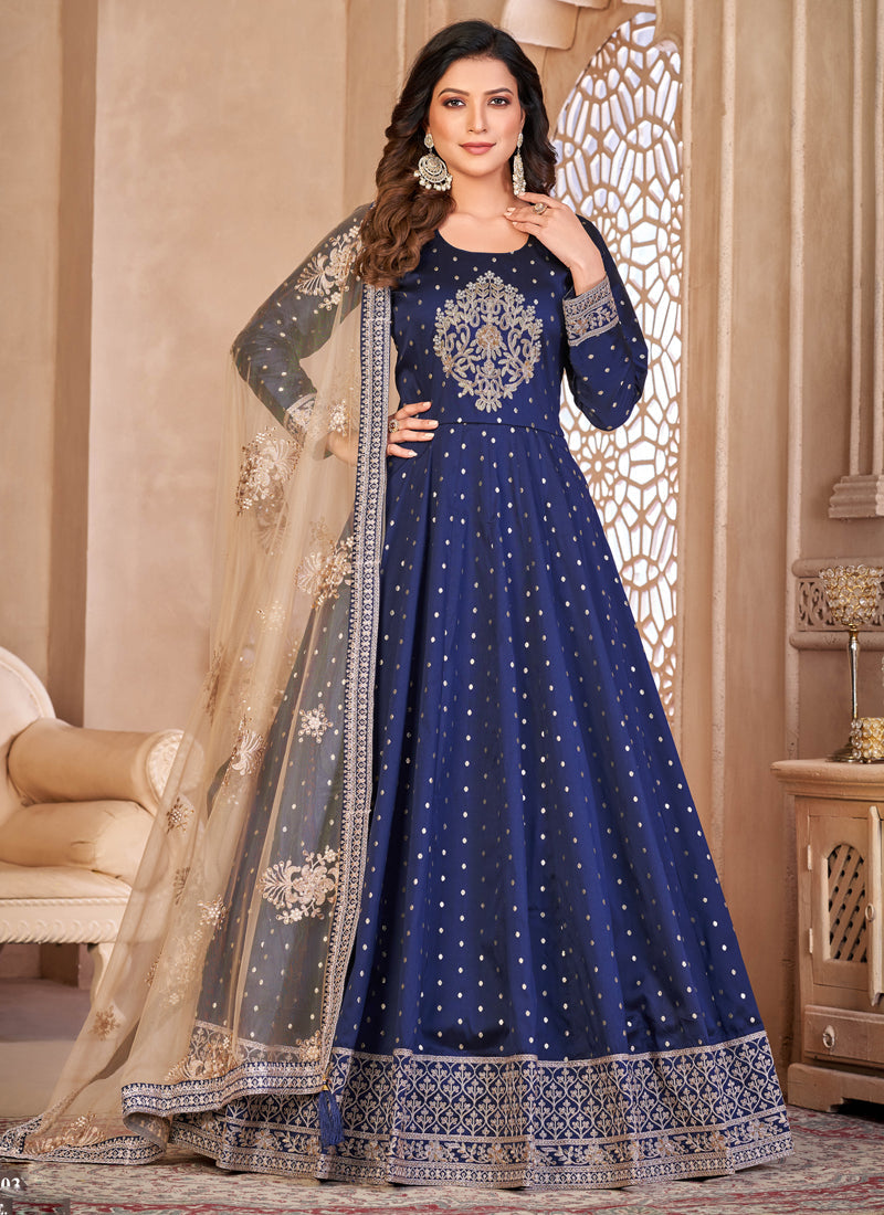 Vegaa Fashion Designer Navy Blue Tafeta Silk Embroidery Anarkali Suit