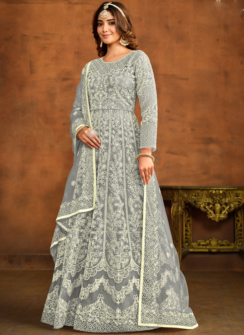 Vegaa Fashion Designer Grey Net Embroidery Anarkali Suit