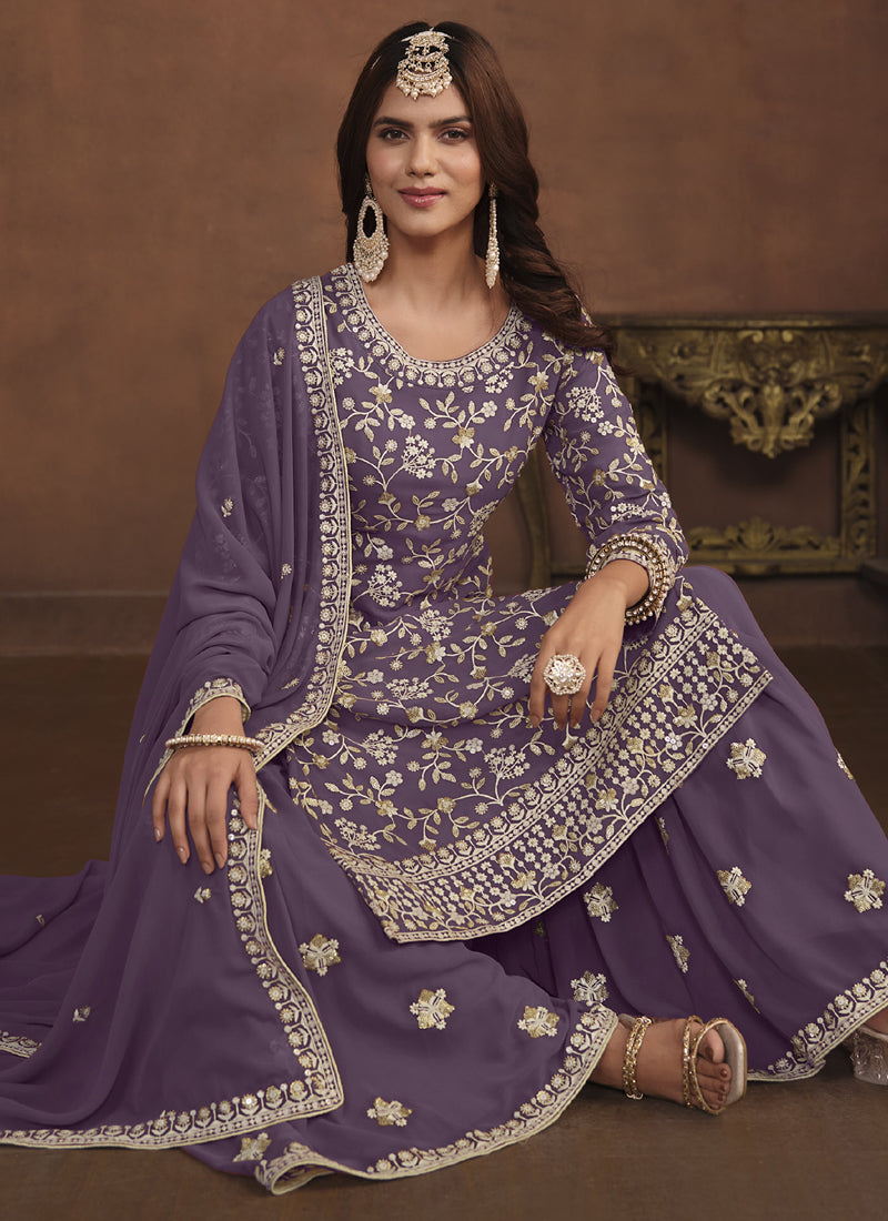 Vegaa Fashion Designer Lavender Faux Georgette Embroidery Sharara Suit
