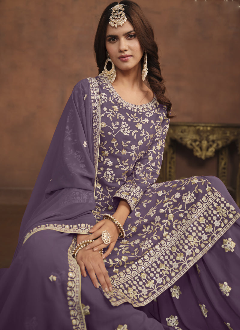 Vegaa Fashion Designer Lavender Faux Georgette Embroidery Sharara Suit