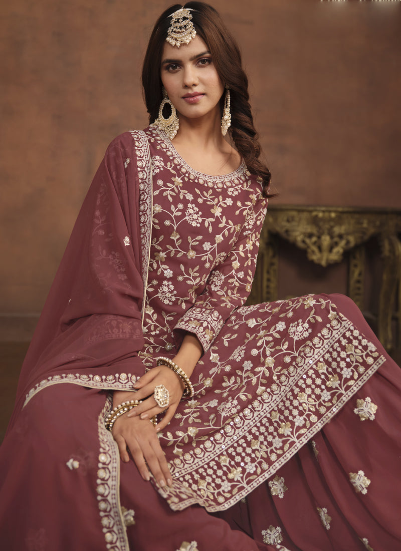 Vegaa Fashion Designer Brown Faux Georgette Embroidery Sharara Suit
